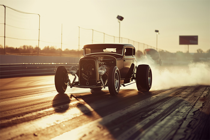 product-image-3-2 A vintage hot rod car accelerates on a drag strip at sunset, kicking up smoke from its rear tires. Wall art print available in A1 to A4 sizes.