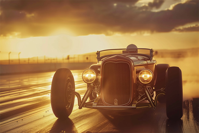 product-image-3-2 A vintage hot rod car with headlights on drives on a wet road at sunset, with clouds and a fence visible in the background. Wall art print available in A1 to A4 sizes.
