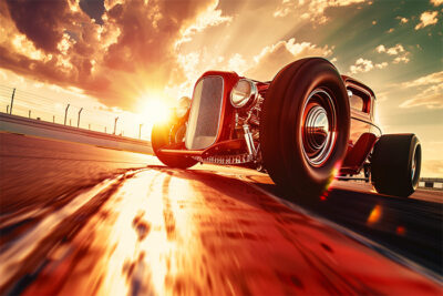 A classic hot rod car drives on a racetrack at sunset, with dramatic sunlight and clouds in the sky. Wall art print available in A1 to A4 sizes.
