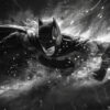 A striking Batman Black and White image shows Batman in full costume, lunging forward with his cape trailing behind amid dramatic lighting and flying debris. Fantasy art poster available in A1 to A4 sizes.