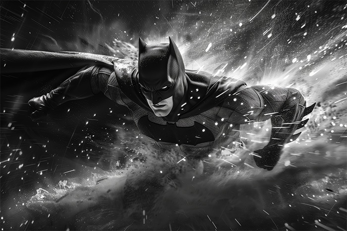 product-image-3-2 A striking Batman Black and White image shows Batman in full costume, lunging forward with his cape trailing behind amid dramatic lighting and flying debris. Fantasy art poster available in A1 to A4 sizes.