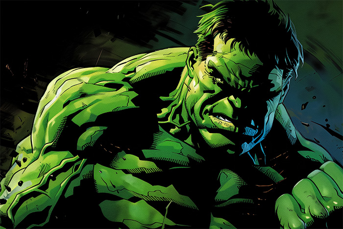 product-image-3-2 Illustration of the Hulk, a muscular green-skinned character from Marvel Comics, shown in an intense pose with a clenched fist and a fierce expression. Fantasy art poster available in A1 to A4 sizes.