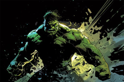 Illustration of a muscular green figure smashing through debris in a dynamic pose, with a dark background and dramatic lighting. Fantasy art poster available in A1 to A4 sizes.