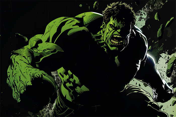 Illustration of a muscular green humanoid figure, the Hulk, in a dynamic pose with clenched fists, appearing to leap forward amid debris and a dark background. Fantasy art poster available in A1 to A4 sizes.