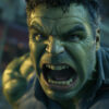 A close-up of a muscular green-skinned man, The Hulk, with a furious expression, mouth open in a roar, and wearing a torn shirt. Fantasy art poster available in A1 to A4 sizes.