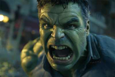 A close-up of a muscular green-skinned man, The Hulk, with a furious expression, mouth open in a roar, and wearing a torn shirt. Fantasy art poster available in A1 to A4 sizes.