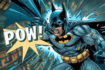 Comic-style image of Batman punching with a “POW!” sound effect, debris flying, and a determined expression on his face, set against a city backdrop. Fantasy art poster available in A1 to A4 sizes.