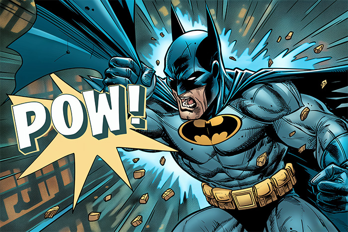 product-image-3-2 Comic-style image of Batman punching with a “POW!” sound effect, debris flying, and a determined expression on his face, set against a city backdrop. Fantasy art poster available in A1 to A4 sizes.