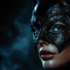 A woman in a dark, textured cat-themed mask and costume channels Michelle Pfeiffer's Catwoman, looking intently to the side as dramatic lighting highlights her face against a shadowy background. Fantasy art poster available in A1 to A4 sizes.
