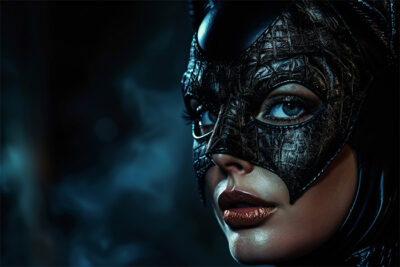A woman in a dark, textured cat-themed mask and costume channels Michelle Pfeiffer's Catwoman, looking intently to the side as dramatic lighting highlights her face against a shadowy background. Fantasy art poster available in A1 to A4 sizes.