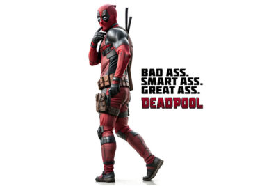 A person in a red and black Deadpool costume stands in profile, holding a finger to their chin. Text beside them reads: Bad Ass. Smart ass. Great ass. Just another day for Deadpool. Movie poster available in A1 to A4 sizes.