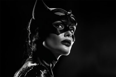 A woman in a black cat costume with a mask and cat ears looks over her shoulder in dramatic lighting. Fantasy art poster available in A1 to A4 sizes.