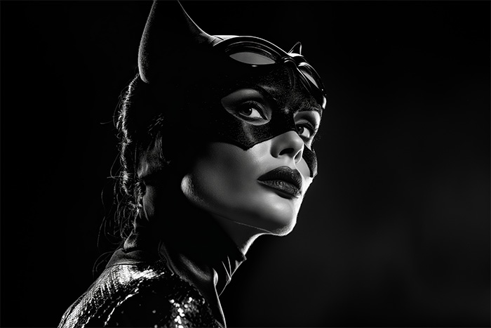 product-image-3-2 A woman in a black cat costume with a mask and cat ears looks over her shoulder in dramatic lighting. Fantasy art poster available in A1 to A4 sizes.