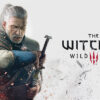 A striking poster features a white-haired man with a sword on his back, standing ready beside the text The Witcher Wild Hunt. Gaming poster available in A1 to A4 sizes.