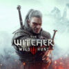 A white-haired armored man holding a sword stands amid mountains and fire, with The Witcher Wild Hunt Poster overlayed. Gaming poster available in A1 to A4 sizes.