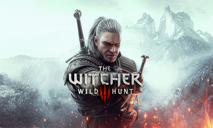 product-image-7-4 A white-haired armored man holding a sword stands amid mountains and fire, with The Witcher Wild Hunt Poster overlayed. Gaming poster available in A1 to A4 sizes.