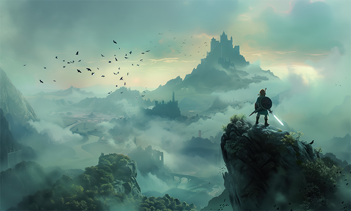 product-image-7-4 A lone adventurer stands on a rocky cliff with a sword and shield, gazing over a misty valley toward a distant castle—evoking classic Legend Of Zelda artwork as birds soar in the cloudy sky. Gaming poster available in A1 to A4 sizes.
