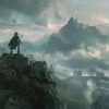 A lone figure with a sword stands atop a rocky cliff, overlooking a misty valley with a distant castle and scattered towers under a cloudy sky, reminiscent of classic Legend Of Zelda Artwork. Gaming poster available in A1 to A4 sizes.