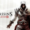 A hooded character in white and red armour stands with arms slightly outstretched next to the Assassins Creed II game title on a light background, capturing the iconic look of an Assassins Creed II poster. Gaming poster available in A1 to A4 sizes.