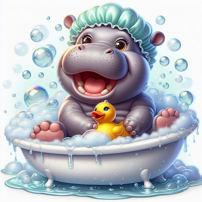 A cartoon Bathtime Hippo wearing a shower cap sits in a bubble-filled bathtub, smiling and holding a yellow rubber duck as bubbles float around the scene. Children's poster available in A1 to A4 sizes.