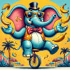A funny circus elephant wearing sunglasses and a top hat juggles bananas while riding a unicycle, set against a sunny, tropical carnival background. Children's poster available in A1 to A4 sizes.