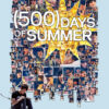 A man sits and sketches at the bottom left, while a collage of a woman’s face forms the background with the text “(500) Days of Summer,” highlighting this 2009 romantic comedy over a large yellow star. Movie poster print available in A1 to A4 sizes.