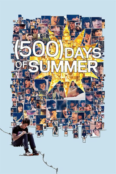 A man sits and sketches at the bottom left, while a collage of a woman’s face forms the background with the text “(500) Days of Summer,” highlighting this 2009 romantic comedy over a large yellow star. Movie poster print available in A1 to A4 sizes.