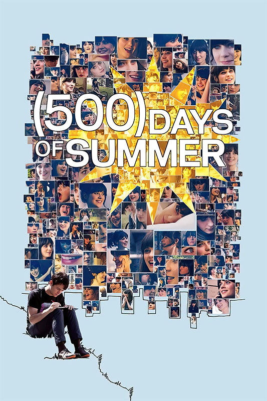 Product-Image_0000_500 Days of Summer.jpg A man sits and sketches at the bottom left, while a collage of a woman’s face forms the background with the text “(500) Days of Summer,” highlighting this 2009 romantic comedy over a large yellow star. Movie poster print available in A1 to A4 sizes.