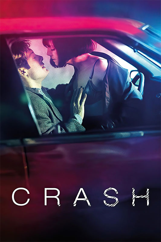 Product-Image_0000_Crash.jpg A man and a woman sit closely together in the front seat of a car at night, neon lighting illuminating them, with the word CRASH at the bottom—evoking a scene from the 1996 movie Crash. Movie poster print available in A1 to A4 sizes.