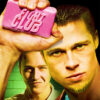A man holds a pink bar of soap labeled Fight Club, with two men in the background—one in focus and one smiling—in a green-tinted area, evoking the iconic style of the 1999 movie Fight Club. Movie poster print available in A1 to A4 sizes.
