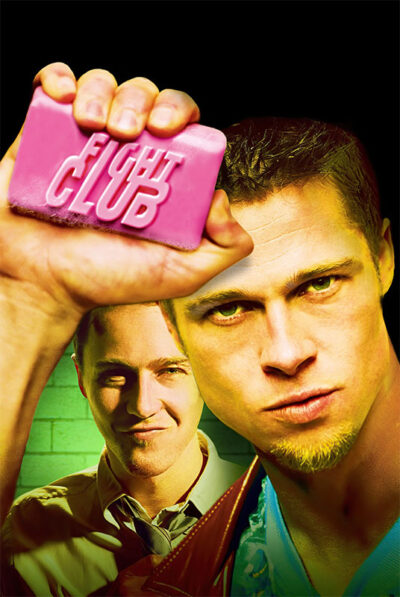 A man holds a pink bar of soap labeled Fight Club, with two men in the background—one in focus and one smiling—in a green-tinted area, evoking the iconic style of the 1999 movie Fight Club. Movie poster print available in A1 to A4 sizes.