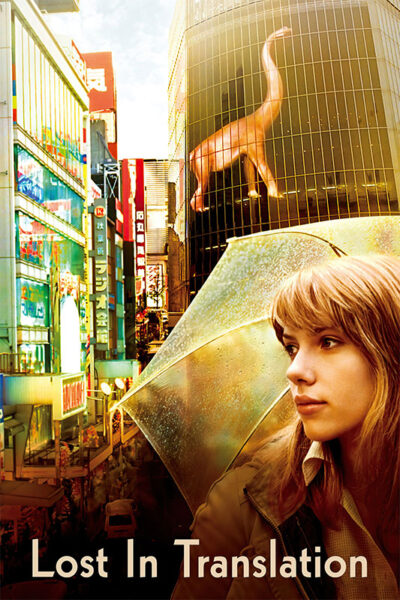 A woman holds a transparent umbrella in a brightly lit city with neon signs and a dinosaur statue on a building, evoking Sofia Coppolas 2003 movie Lost in Translation. Text reads Lost In Translation. Movie poster print available in A1 to A4 sizes.