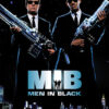Two men in black suits and sunglasses hold large futuristic weapons, standing in front of a city skyline at night with the Men in Black logo below them, capturing the iconic science fiction style of the 1997 movie. Movie poster print available in A1 to A4 sizes.