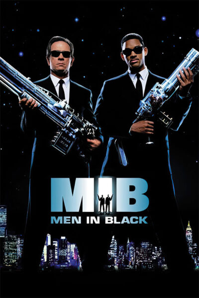 Two men in black suits and sunglasses hold large futuristic weapons, standing in front of a city skyline at night with the Men in Black logo below them, capturing the iconic science fiction style of the 1997 movie. Movie poster print available in A1 to A4 sizes.