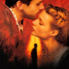 A man gently kisses a womans forehead with their eyes closed; behind them, a silhouette stands in front of a bright doorway. The text reads Shakespeare in Love, evoking the romance and drama of the 1998 movie. Movie poster print available in A1 to A4 sizes.