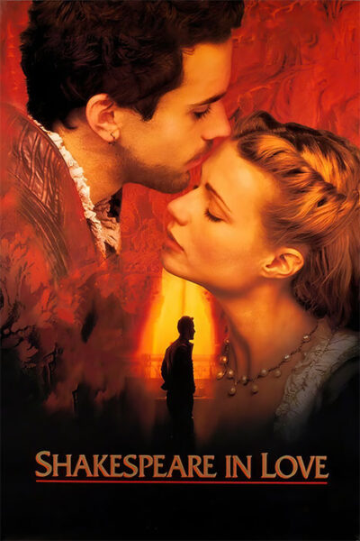 A man gently kisses a womans forehead with their eyes closed; behind them, a silhouette stands in front of a bright doorway. The text reads Shakespeare in Love, evoking the romance and drama of the 1998 movie. Movie poster print available in A1 to A4 sizes.