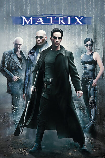 Four characters in dark, futuristic clothing stand before a digital rain backdrop with The Matrix title above them. The central figure, sporting sunglasses and a long coat, wields a weapon—capturing the iconic style of the 1999 science fiction movie. Movie poster print available in A1 to A4 sizes.