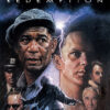 Illustrated movie poster for the 1994 movie The Shawshank Redemption, featuring character portraits, a lightning bolt, and a man standing with outstretched arms in the foreground. Movie poster print available in A1 to A4 sizes.