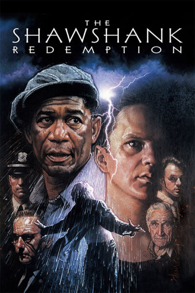 Illustrated movie poster for the 1994 movie The Shawshank Redemption, featuring character portraits, a lightning bolt, and a man standing with outstretched arms in the foreground. Movie poster print available in A1 to A4 sizes.