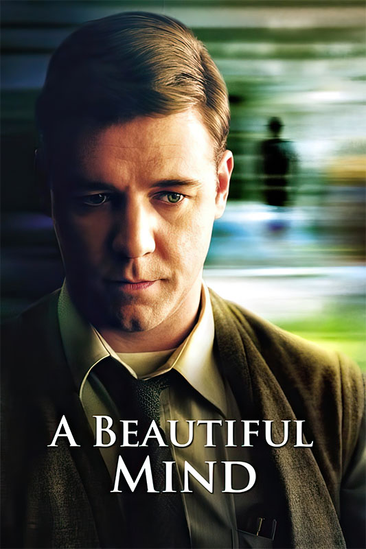 A man in a suit looks down thoughtfully with a blurred background; text on the image reads “A Beautiful Mind,” referencing the acclaimed 2001 movie. Movie poster print available in A1 to A4 sizes.