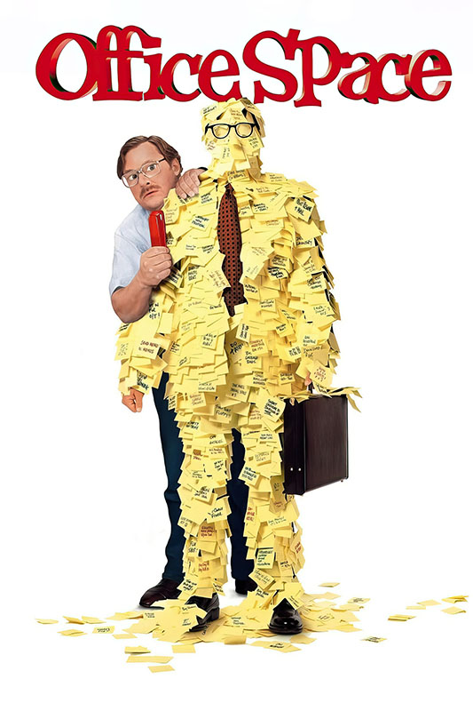 A man stands holding a red stapler next to a person covered head-to-toe in yellow sticky notes, holding a briefcase, with “Office Space” above them, capturing the quirky spirit of the 1999 movie. Movie poster print available in A1 to A4 sizes.