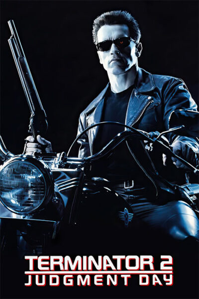 A man in sunglasses and a leather jacket sits on a motorcycle holding a shotgun. The text reads Terminator 2: Judgment Day, the iconic 1991 film. Movie poster print available in A1 to A4 sizes.