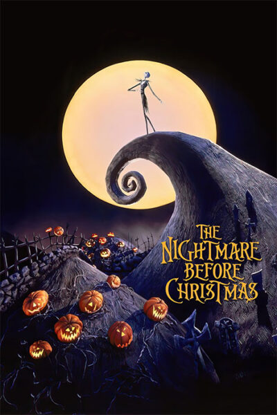 Poster for Tim Burtons 1993 film The Nightmare Before Christmas shows Jack Skellington standing on a spiral hill with a full moon behind him and pumpkins scattered below. Movie poster print available in A1 to A4 sizes.