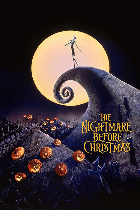 Poster for Tim Burtons 1993 film The Nightmare Before Christmas shows Jack Skellington standing on a spiral hill with a full moon behind him and pumpkins scattered below. Movie poster print available in A1 to A4 sizes.