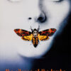 A close-up of a persons face with red eyes, a large moth covering their mouth, and the text The Silence of the Lambs 1991 in orange at the bottom. Movie poster print available in A1 to A4 sizes.