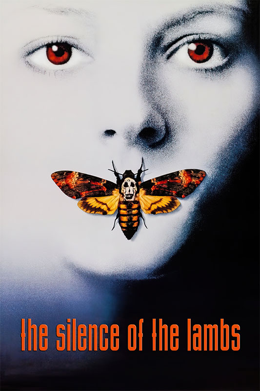 Product-Image_0001_The Silence of the Lambs.jpg A close-up of a persons face with red eyes, a large moth covering their mouth, and the text The Silence of the Lambs 1991 in orange at the bottom. Movie poster print available in A1 to A4 sizes.