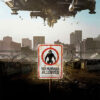 A large alien spaceship hovers over a city skyline; a barbed wire fence and a sign reading No Humans Allowed are in the foreground, echoing the tense atmosphere of the 2009 science fiction movie District 9. Movie poster print available in A1 to A4 sizes.
