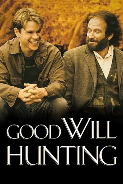 Two men sit next to each other, smiling and talking, with the 1997 movie title Good Will Hunting displayed below them. Movie poster print available in A1 to A4 sizes.
