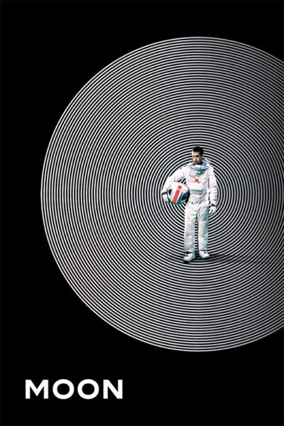 An astronaut in a white suit stands holding a helmet at the centre of concentric white circles, with the word MOON in white text at the bottom. Movie poster print available in A1 to A4 sizes.