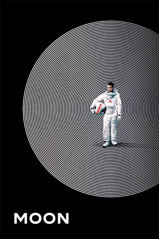 Product-Image_0002_Moon.jpg An astronaut in a white suit stands holding a helmet at the centre of concentric white circles, with the word MOON in white text at the bottom. Movie poster print available in A1 to A4 sizes.